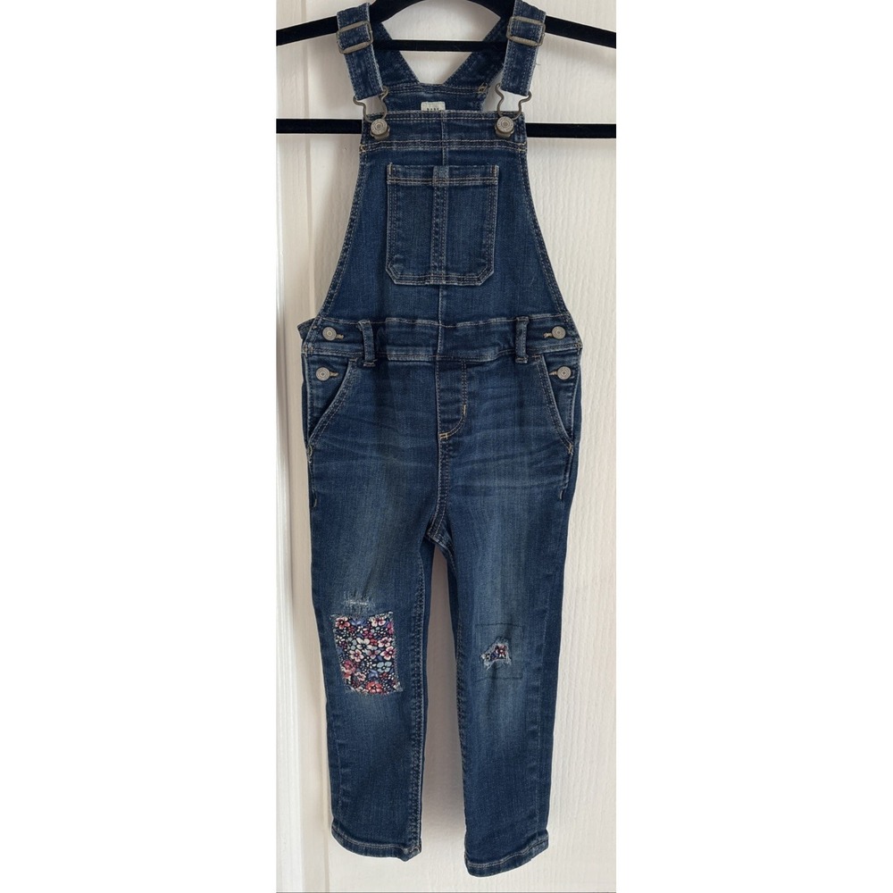 Baby Gap Denim Overalls Girls Floral Embroidery Patch Distressed Pants Sz 3